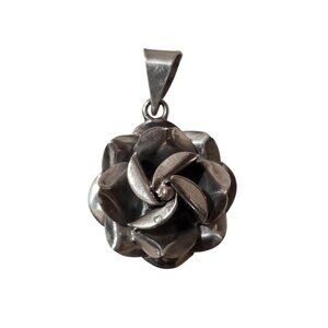 Vintage Signed Mexico Sterling Silver Rose Flower Pendant 1" x 1.5"